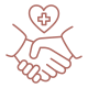 An illustration of two hands shaking with a heart and medical cross symbol.