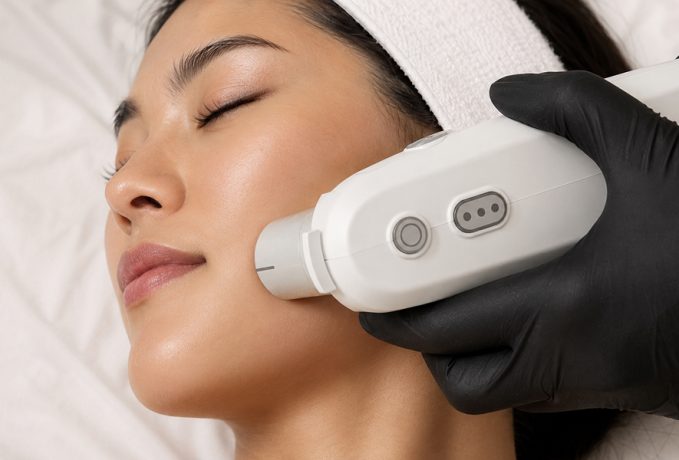A woman receiving an Ultherapy treatment at a medical clinic, with a handheld device applied to her face.