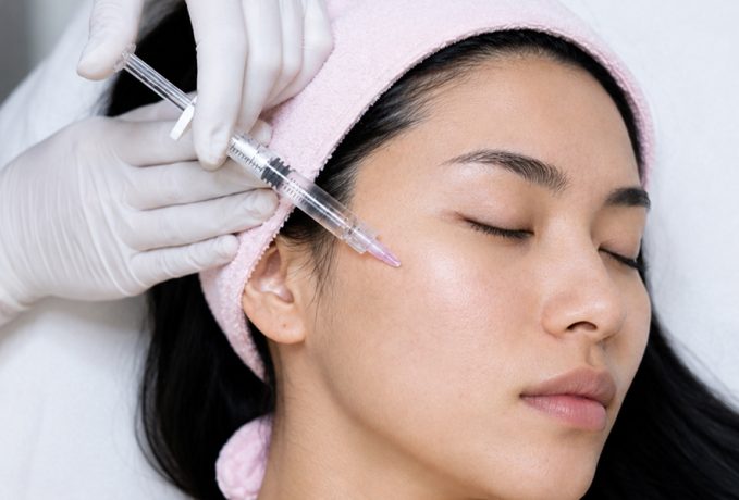 A woman receiving a facial treatment with a syringe in a clinic setting.