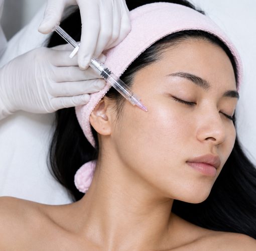 A woman receiving a professional skin treatment with an injection for aesthetic enhancement.