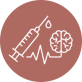 An illustration representing anaesthesia and pain management featuring a syringe, brain, and heartbeat line.