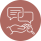 A graphic depicting a hand holding a magnifying glass with speech bubbles, representing communication.